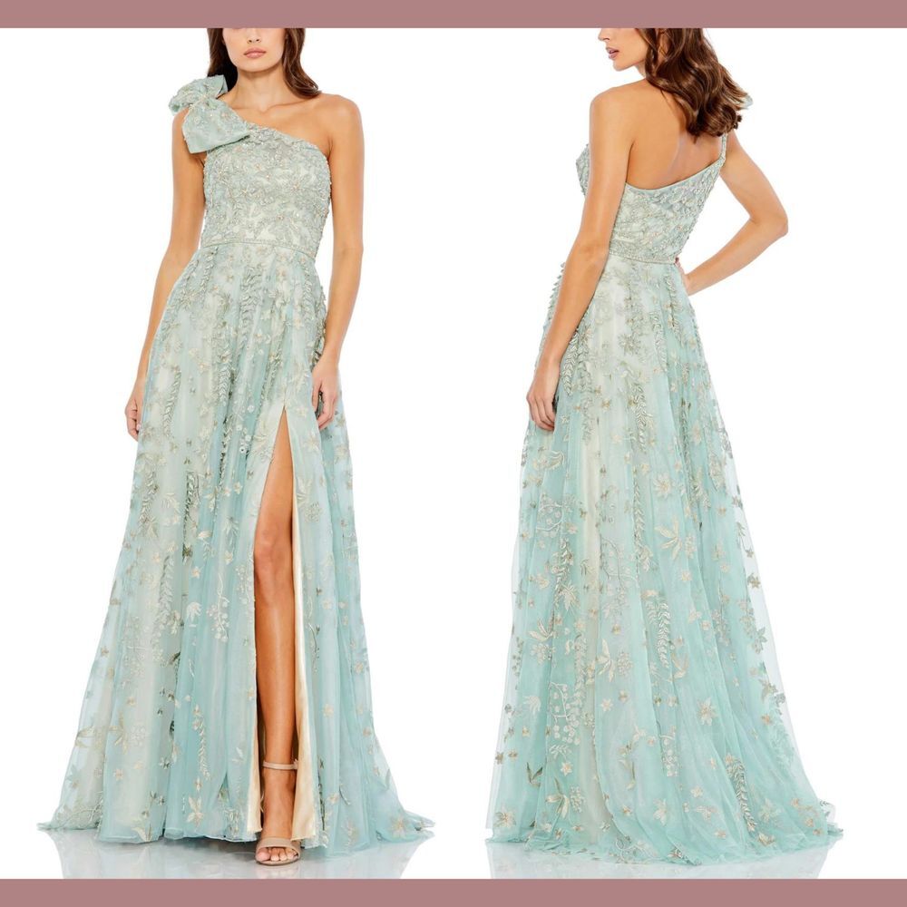 NWT $798 Mac Duggal [ 22 ] Embellished Bow One Shoulder A-Line Gown Sage #S1041